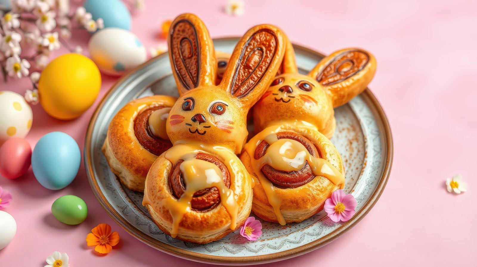 Delicious Easter bunny pastries on a pastel pink background with colorful eggs and spring flowers